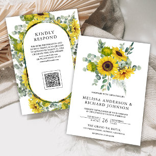 Sonnenblumen Eukalyptus QR-Code Hochzeit Einladung