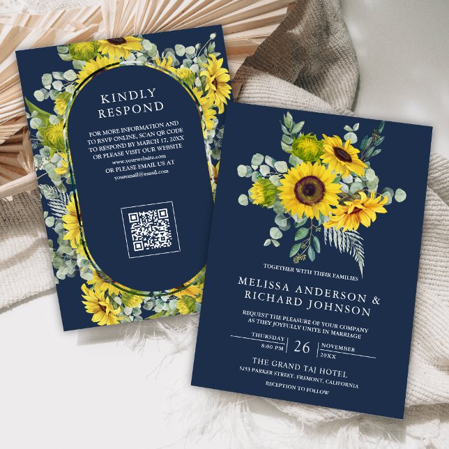 Sonnenblumen Eukalyptus QR-Code Navyblaue Hochzeit Einladung (Von Creator hochgeladen)