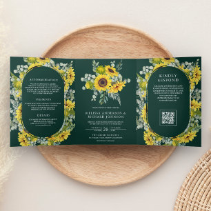 Sonnenblumen Eukalyptus QR Code Smaragd-Hochzeit Dreifach Gefaltete Einladung