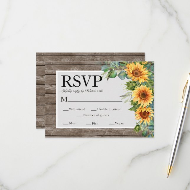 Sonnenblumen Eukalyptus Rustic Wood Wedding RSVP Karte (Vorderseite/Rückseite Beispiel)