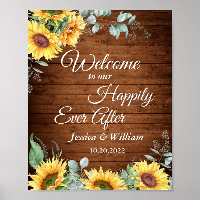 Sonnenblumen Eukalyptus Rustikale Hochzeitsbegrüßu Poster (Vorne)