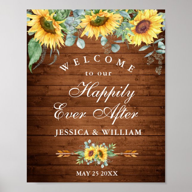 Sonnenblumen Eukalyptus Rustikale Hochzeitsbegrüßu Poster (Vorne)