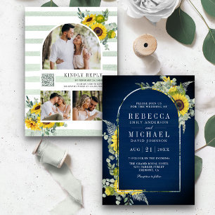 Sonnenblumen-Eukalyptus-Tor QR-Code Navy-Hochzeit Einladung