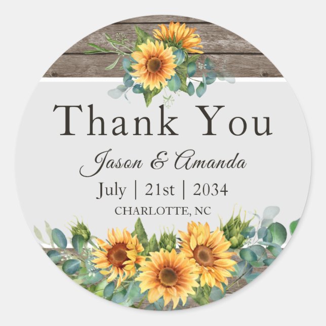 Sonnenblumen Eukalyptus Wood Personalisiert Danke Runder Aufkleber (Vorderseite)