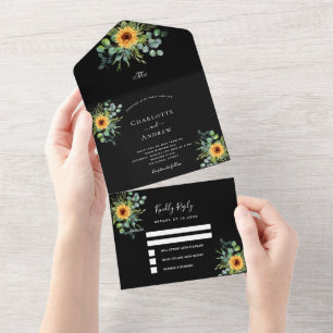 Sonnenblumen Eukalyptusgrün Schwarze Hochzeit All In One Einladung