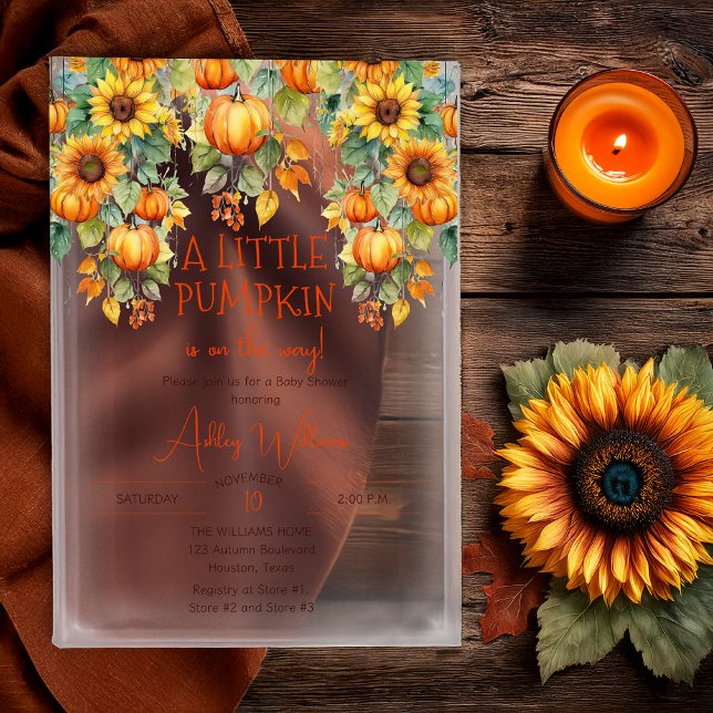 Sonnenblumen fallen ein wenig Pumpkindusche Acryleinladungen ("A Little Pumpkin Is On The Way!" Fall | Autumn Sunflowers Pumpkins Baby Shower Acrylic Invitation )