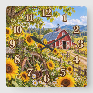 Sonnenblumen-Farm-Scheune Landuhr Quadratische Wanduhr