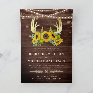 Sonnenblumen Florales Gold Geweih Holz QR Code Hoc Einladung