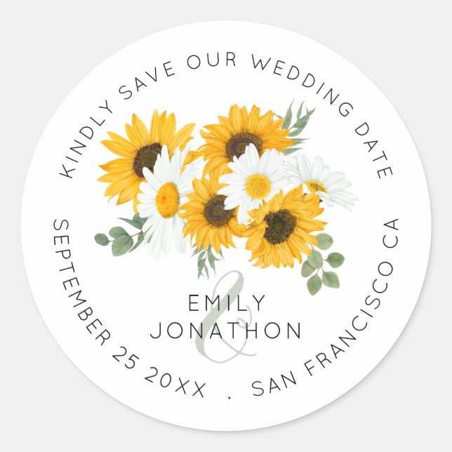 Sonnenblumen Florals Elegant Save the Date Runder Aufkleber (Vorderseite)