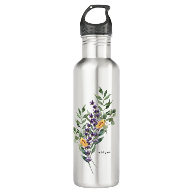 Sonnenblumen, Foliage und Lavendel Individuelle Na Edelstahlflasche (Vorderseite)