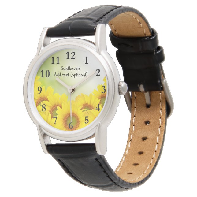 Sonnenblumen Frauen schwarzes Leder Strap Watch Armbanduhr (Schrägansicht)