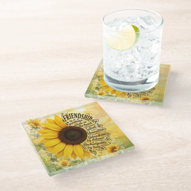 Sonnenblumen-Freundschaftszitat Glasuntersetzer (Schrägansicht)
