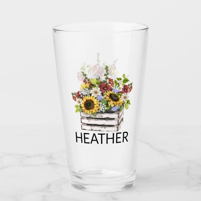 Sonnenblumen Gänseblümchen Blumen Monogramm Name  Glas (Vorderseite)