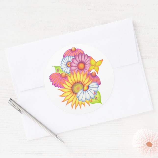 Sonnenblumen-Gänseblümchen-Marienkäfer-Aufkleber Runder Aufkleber (Umschlag)