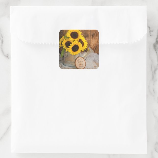 Sonnenblumen Garden Watering kann Hochzeit danken Quadratischer Aufkleber (Tasche)