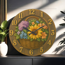 Sonnenblumen-Gartenkorb Holzuhr für die Wand