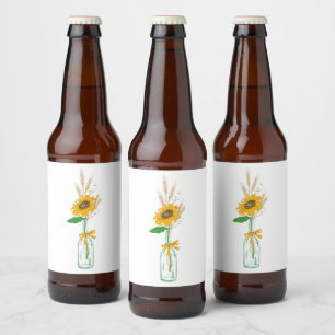 Sonnenblumen-Gelb-Braun-Rustikale-Land-Hochzeit im Bierflaschenetikett