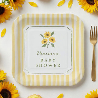 Sonnenblumen- & Gelb-gestreifte Babyparty Pappteller