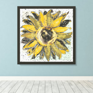 Sonnenblumen-Gelb-Grün-Schwarze-Wasserfarben-Art Leinwanddruck