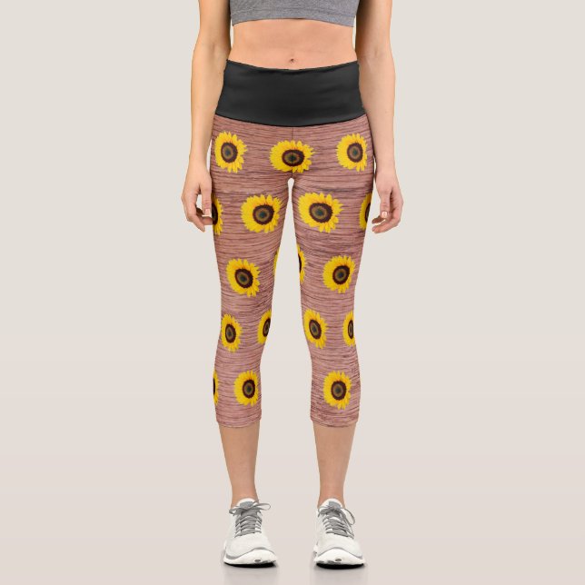 Sonnenblumen Gelbe Schwarze Imitate Holz Capri Leggings (Vorderseite)