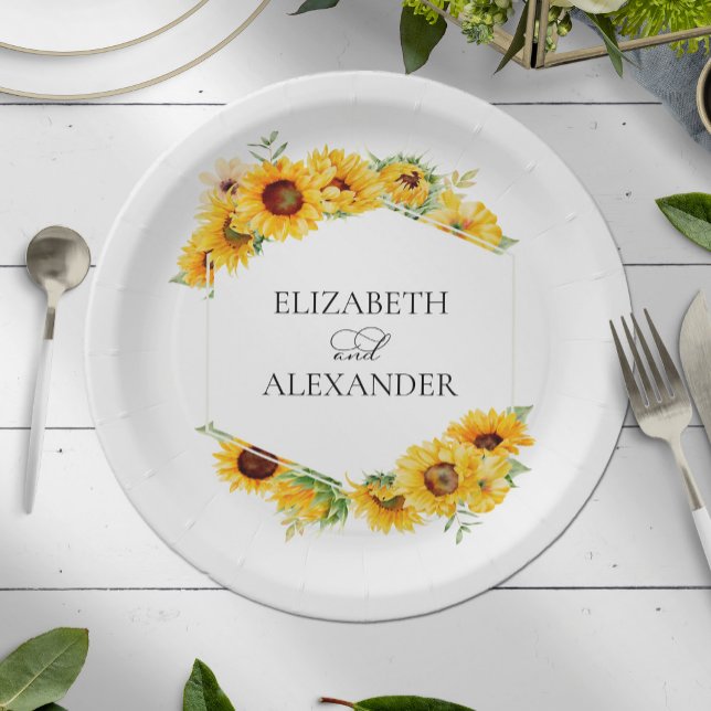 Sonnenblumen Geometric Floral Herbst Hochzeit Pappteller (Von Creator hochgeladen)