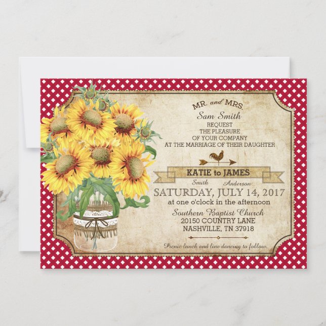 Sonnenblumen Gingham Karo Country Picnic Wedding Einladung (Vorderseite)