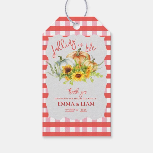 Sonnenblumen & Gingham Rustic Pumpkin Hochzeit im  Geschenkanhänger (Vorderseite)