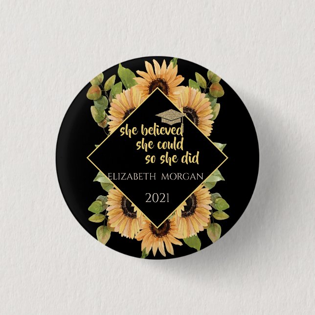 Sonnenblumen Glitter Abschlussmütze Getränkecosite Button (Vorderseite)