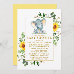Sonnenblumen Grüne Elephant Baby Dusche Gold Einladung