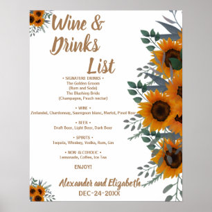 Sonnenblumen Grünes Getränkeliste Braut Hochzeit Poster