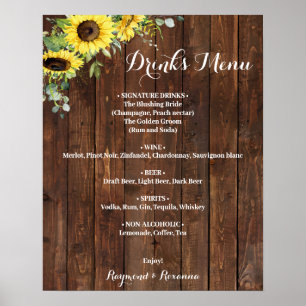 Sonnenblumen Grüngetränke Menü Hochzeitszeichen Poster