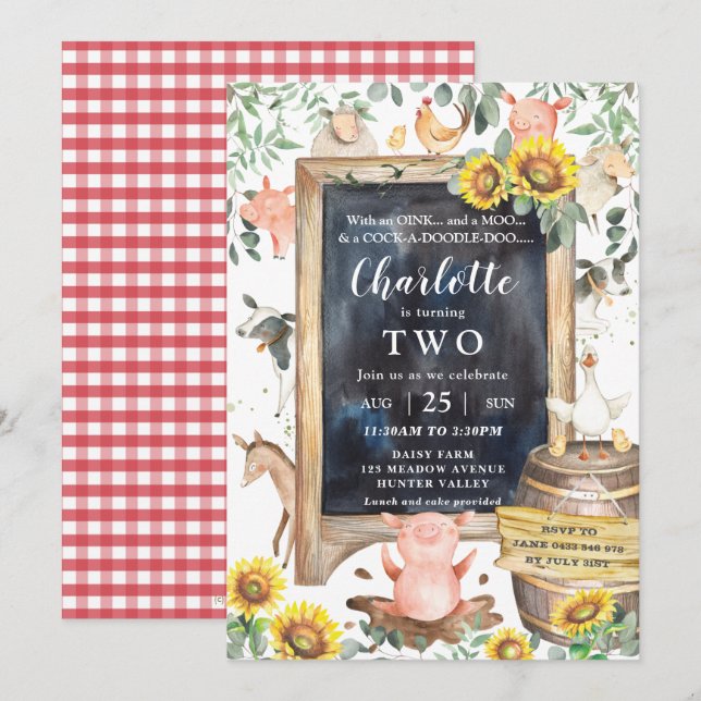 Sonnenblumen Grünpflanzen Tiere Barnyard Geburtsta Einladung (Vorne/Hinten)
