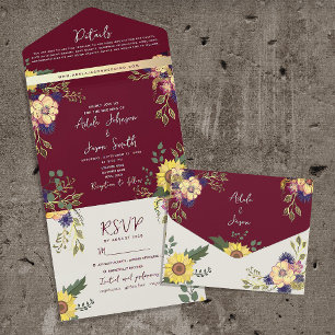 Sonnenblumen Herbst Wildblume Burgunder Hochzeit All In One Einladung