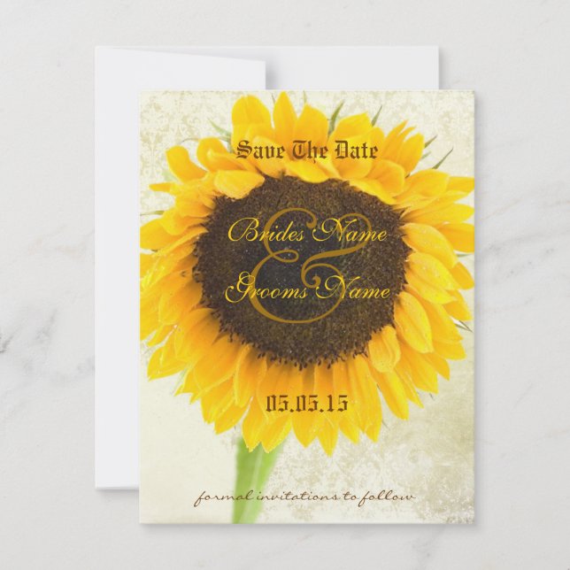 Sonnenblumen-Hochzeit mit deprimiertem Damast spei Save The Date (Vorderseite)