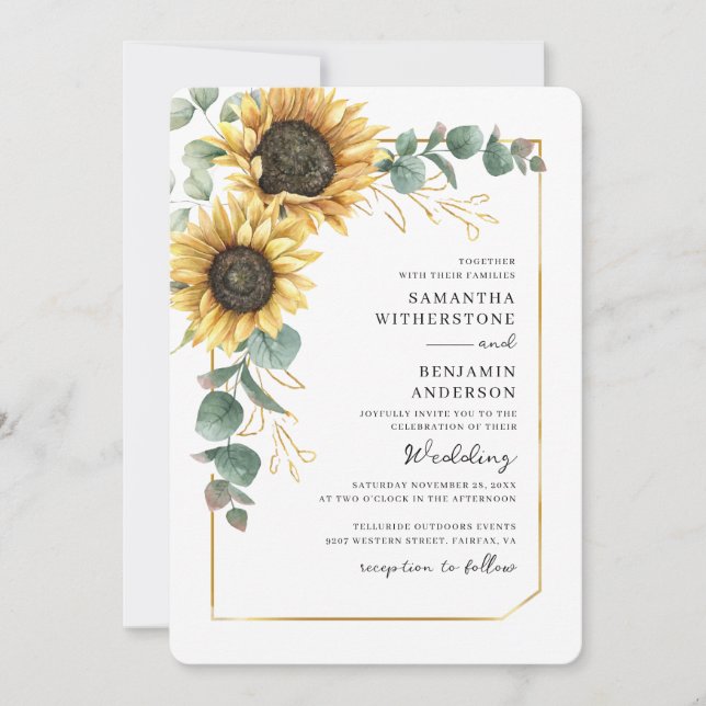 Sonnenblumen-Hochzeit mit floralem QR-Code Einladung (Vorderseite)