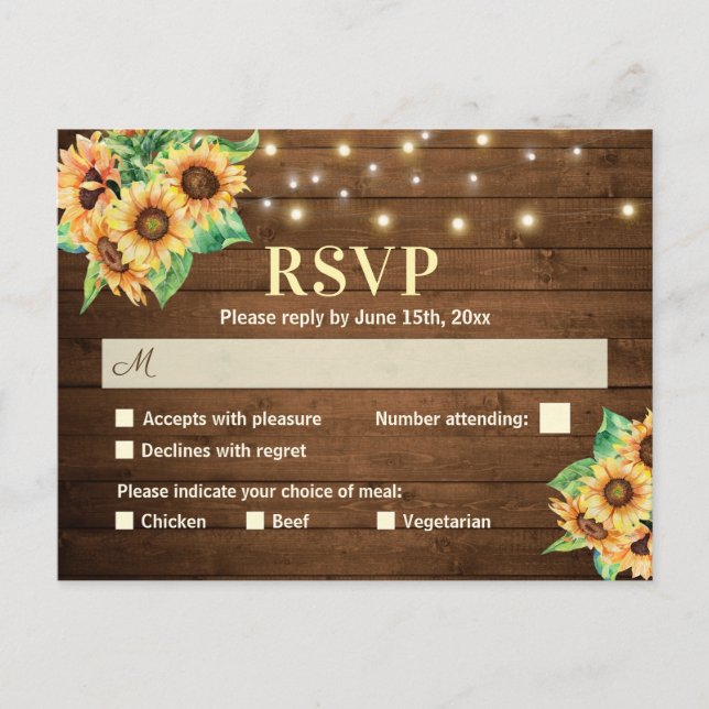 Sonnenblumen Hochzeit RSVP Rustikales Land Einladu Postkarte (Vorderseite)