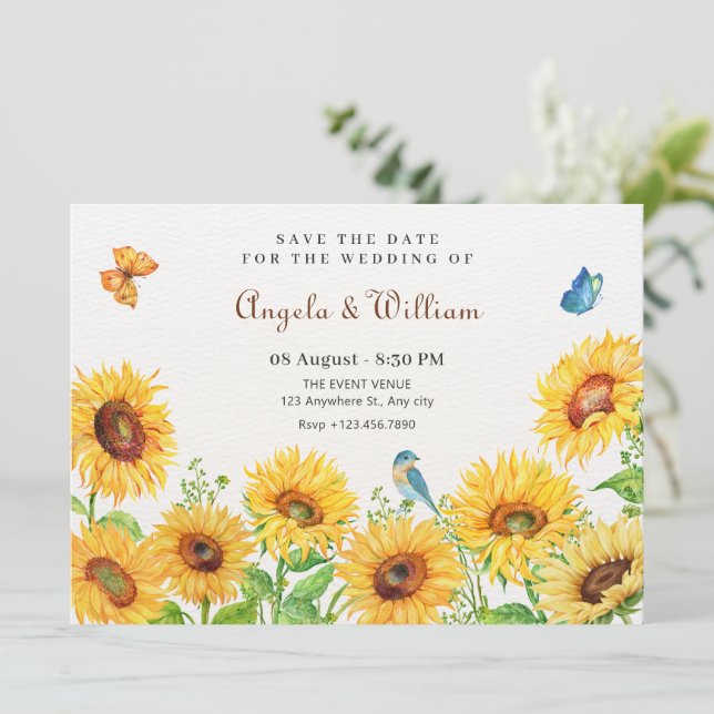 Sonnenblumen-Hochzeit Save The Date (Stehend Vorderseite)