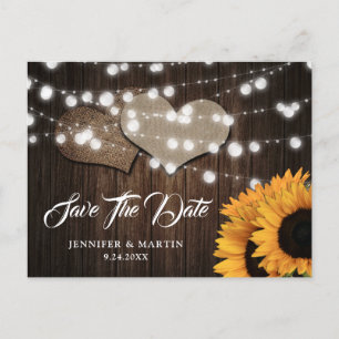 Sonnenblumen-Hochzeit Save The Date mit Holzoptik  Postkarte