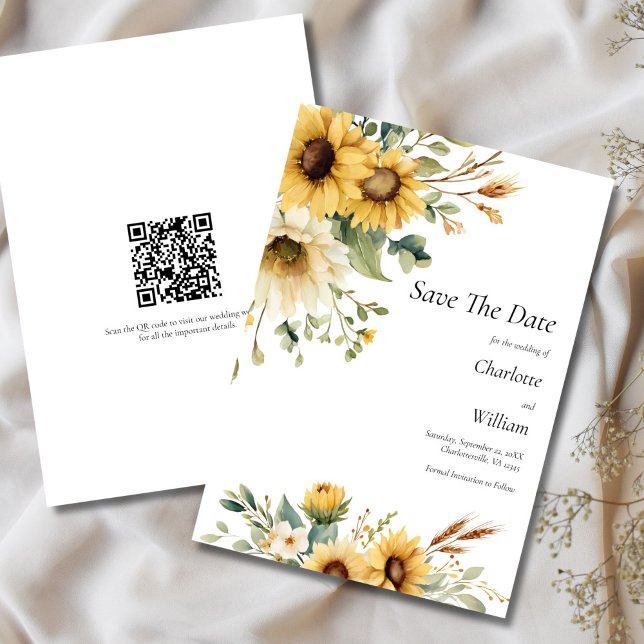 Sonnenblumen-Hochzeit Termin QR-Code Einladung (Sunflowers Rustic Country Farmhouse QR Code Wedding Save the Date Card)