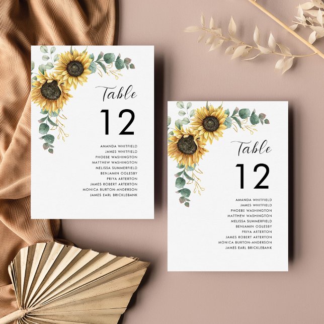 Sonnenblumen Hochzeit Tischnummer 12 Sitzplan (Sunflower Eucalyptus Wedding Floral Reception Table Number Card)
