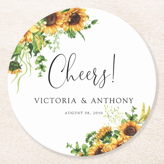 Sonnenblumen-Hochzeits-Cheers-Runder Untersetzer (Vorderseite)
