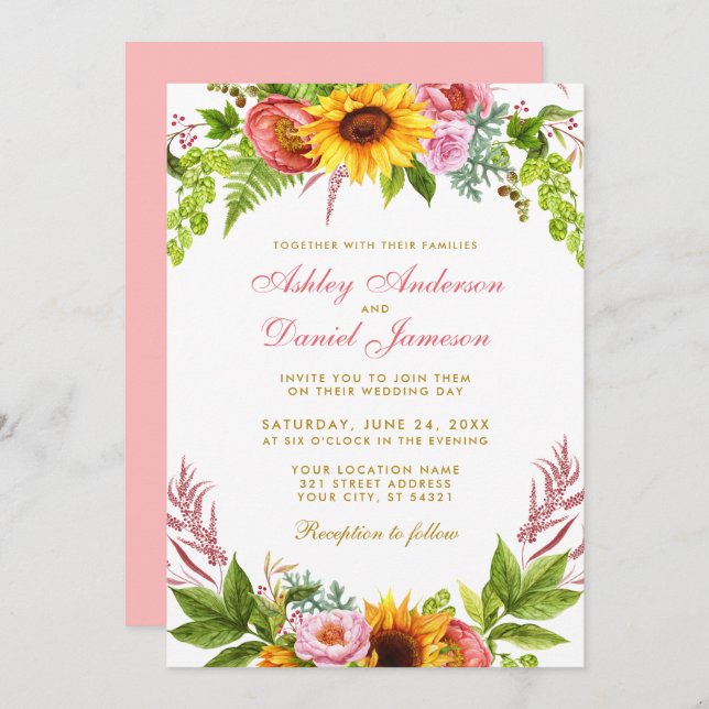 Sonnenblumen-Hochzeitsblume Gold Rosa Einladung (Vorne/Hinten)