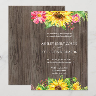 Sonnenblumen Hochzeitseinladung mit Holz Hintergru Einladung
