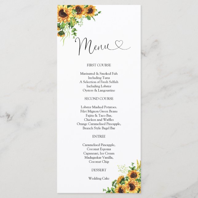 Sonnenblumen-Hochzeitsmenü Menükarte (Vorderseite)