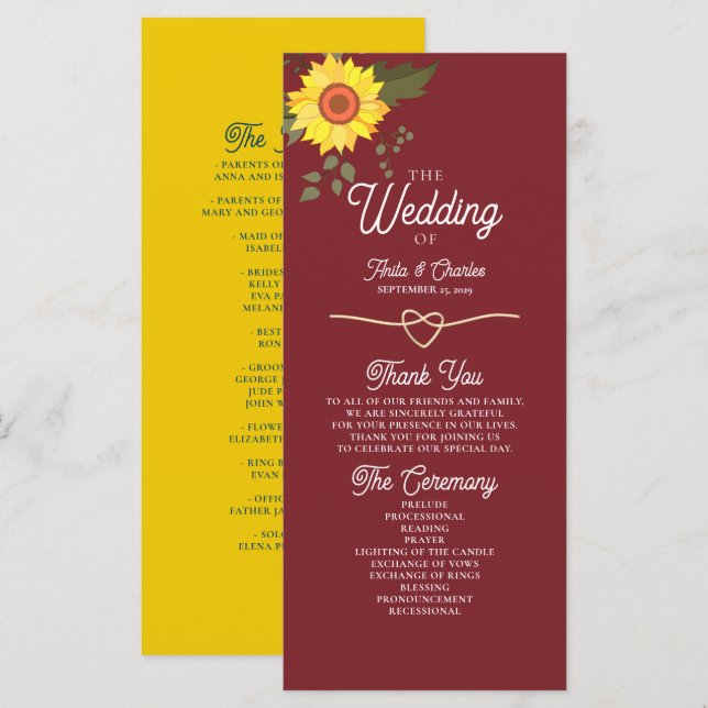 Sonnenblumen-Hochzeitsprogramm (Vorne/Hinten)