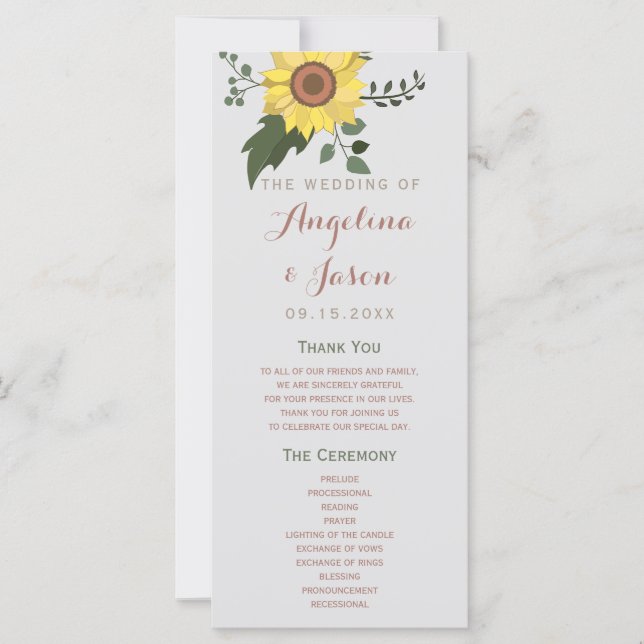 Sonnenblumen-Hochzeitsprogramm (Vorderseite)