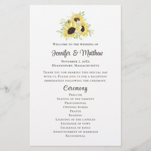 Sonnenblumen-Hochzeitsprogramm Gelb Rustikal (Vorderseite)