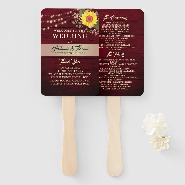 Sonnenblumen-Hochzeitsprogramm-Handfächer Fächer (Vorne und Hinten)