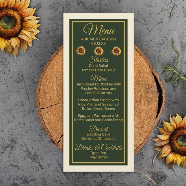 Sonnenblumen Hochzeitwald Grün und Gold Menükarte (Von Creator hochgeladen)