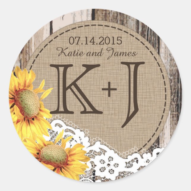 Sonnenblumen Holz Spitzen Rustikales Land Hochzeit Runder Aufkleber (Vorderseite)